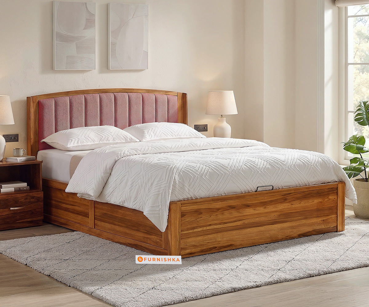 Alessia Teak Wood Bed with Hydraulic Storage King Size in Clay Rose Pink