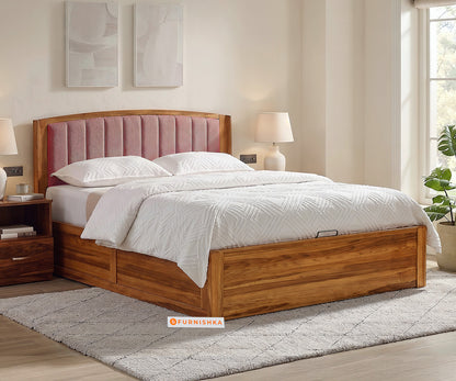 Alessia Teak Wood Bed with Hydraulic Storage Queen Size in Clay Rose Pink