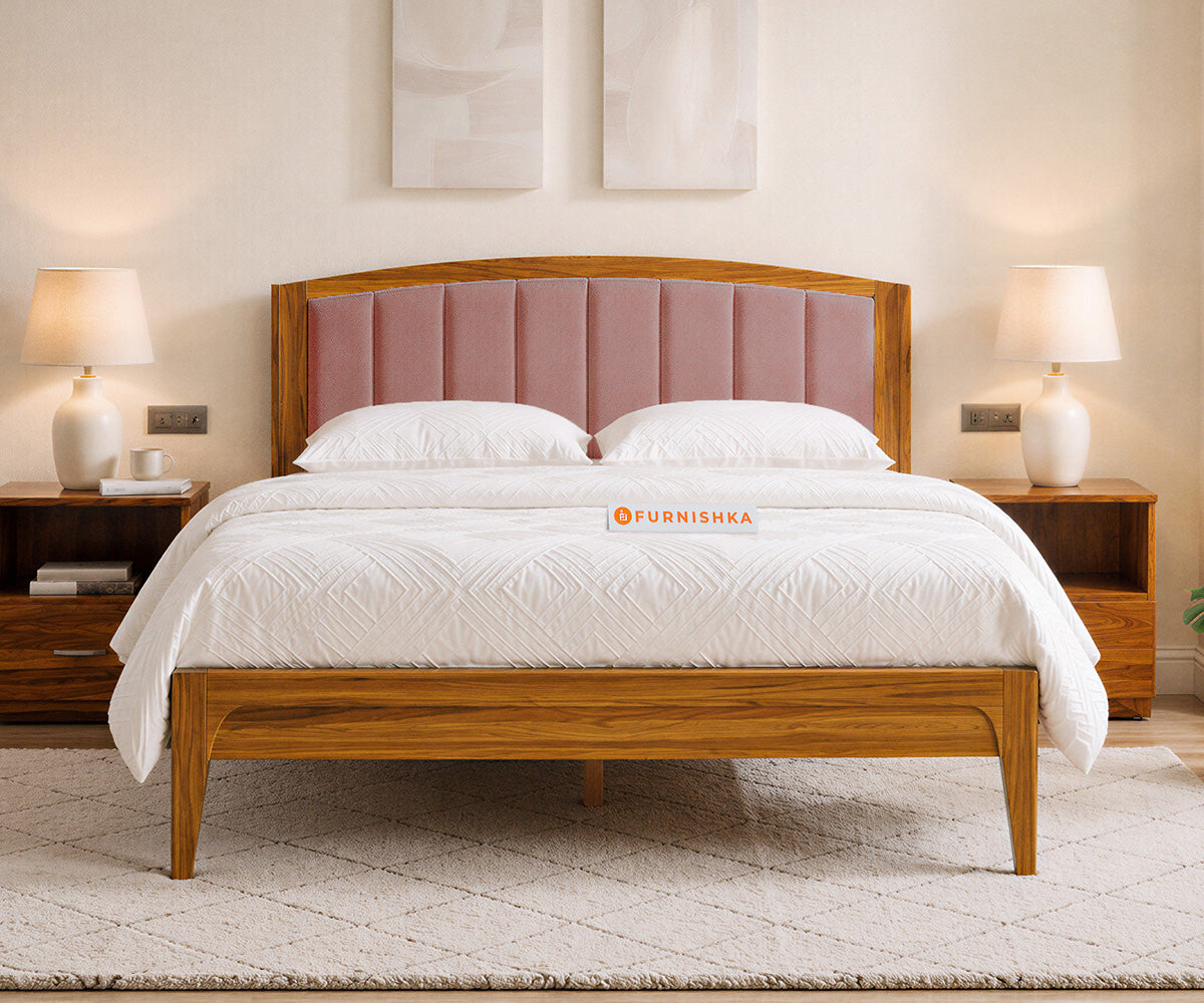 Alessia Teak Wood Bed with Non Storage Queen Size in Clay Rose Pink - Furnishka
