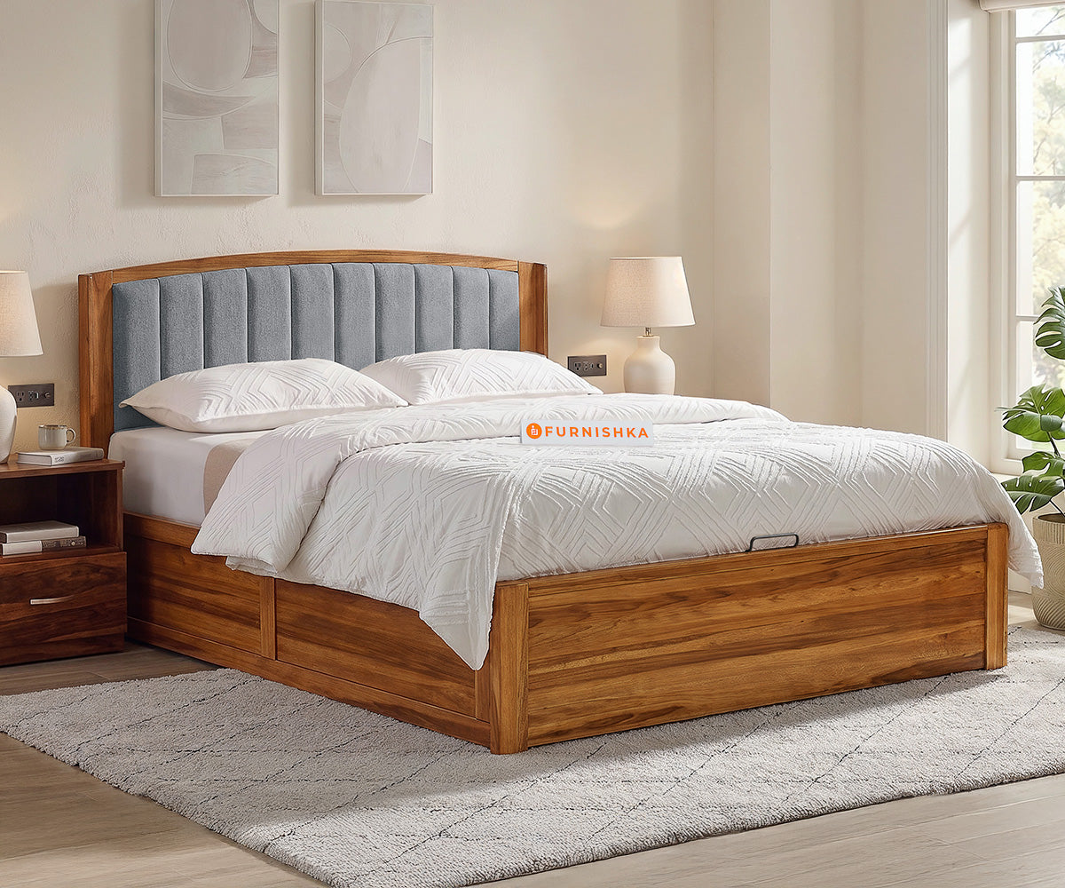 Alessia Teak Wood Bed with Hydraulic Storage Queen Size in Silver Grey