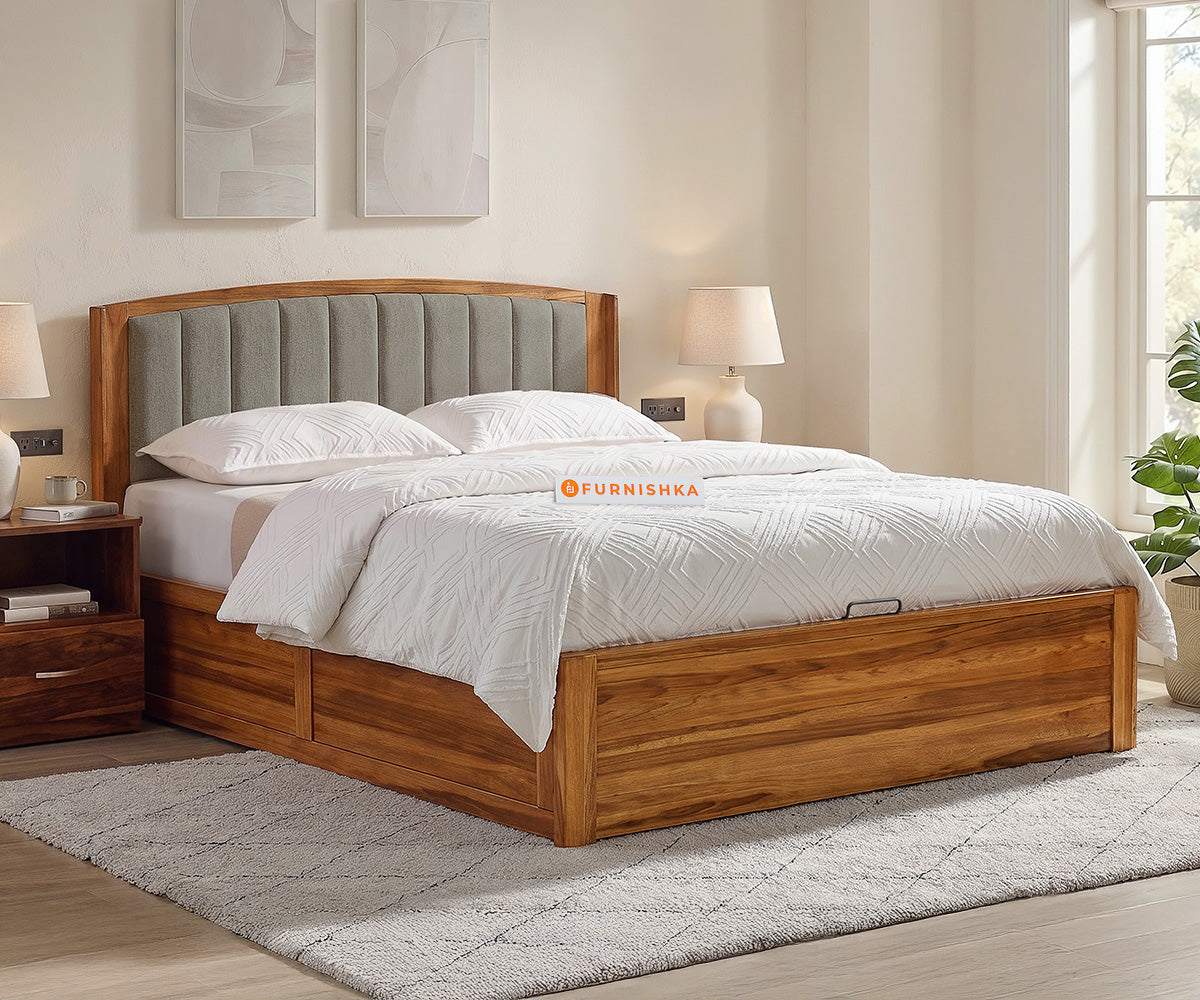 Alessia Teak Wood Bed with Hydraulic Storage King Size in Taupe Beige