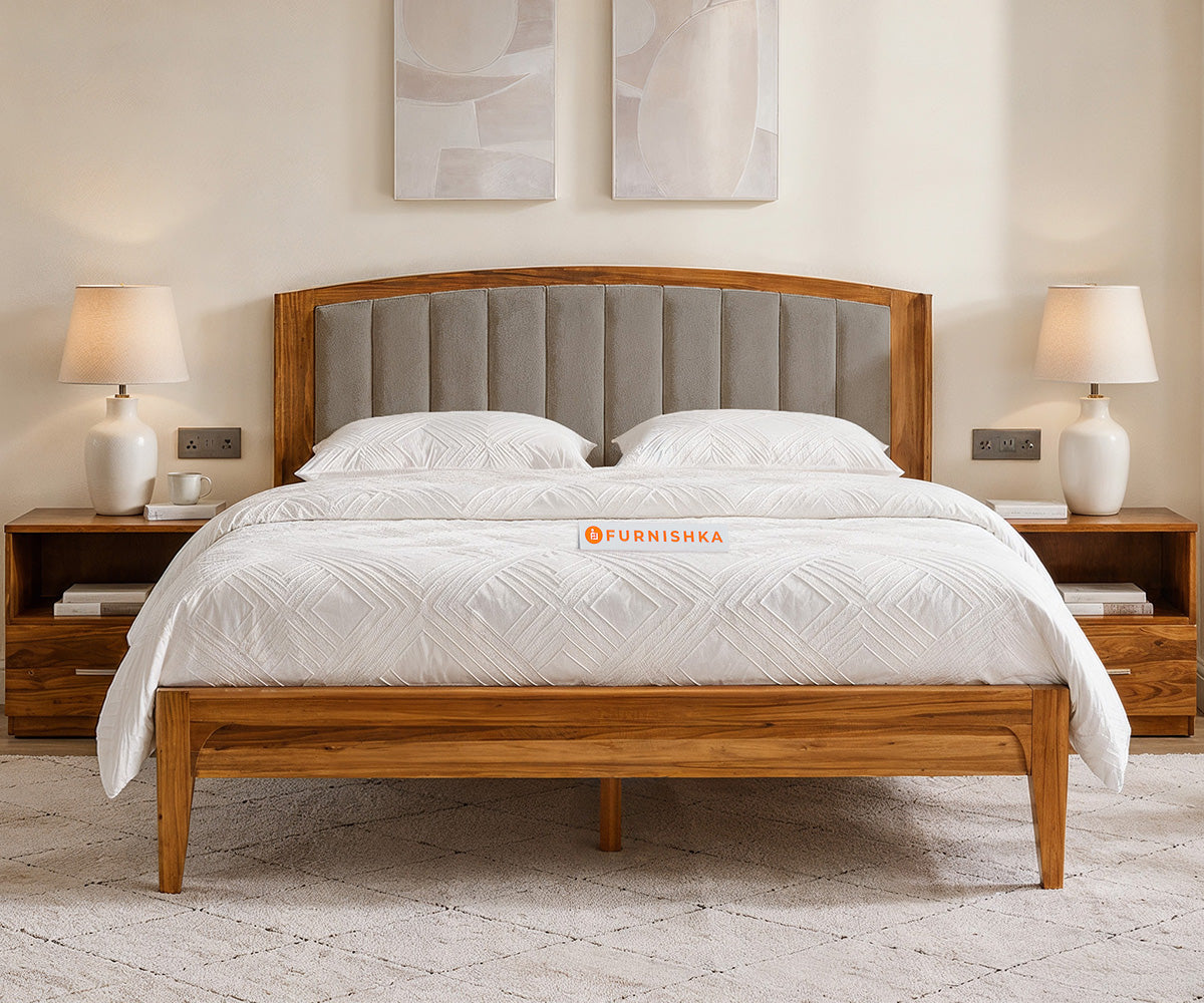 Alessia Teak Wood Bed with Non Storage King Size in Taupe Beige
