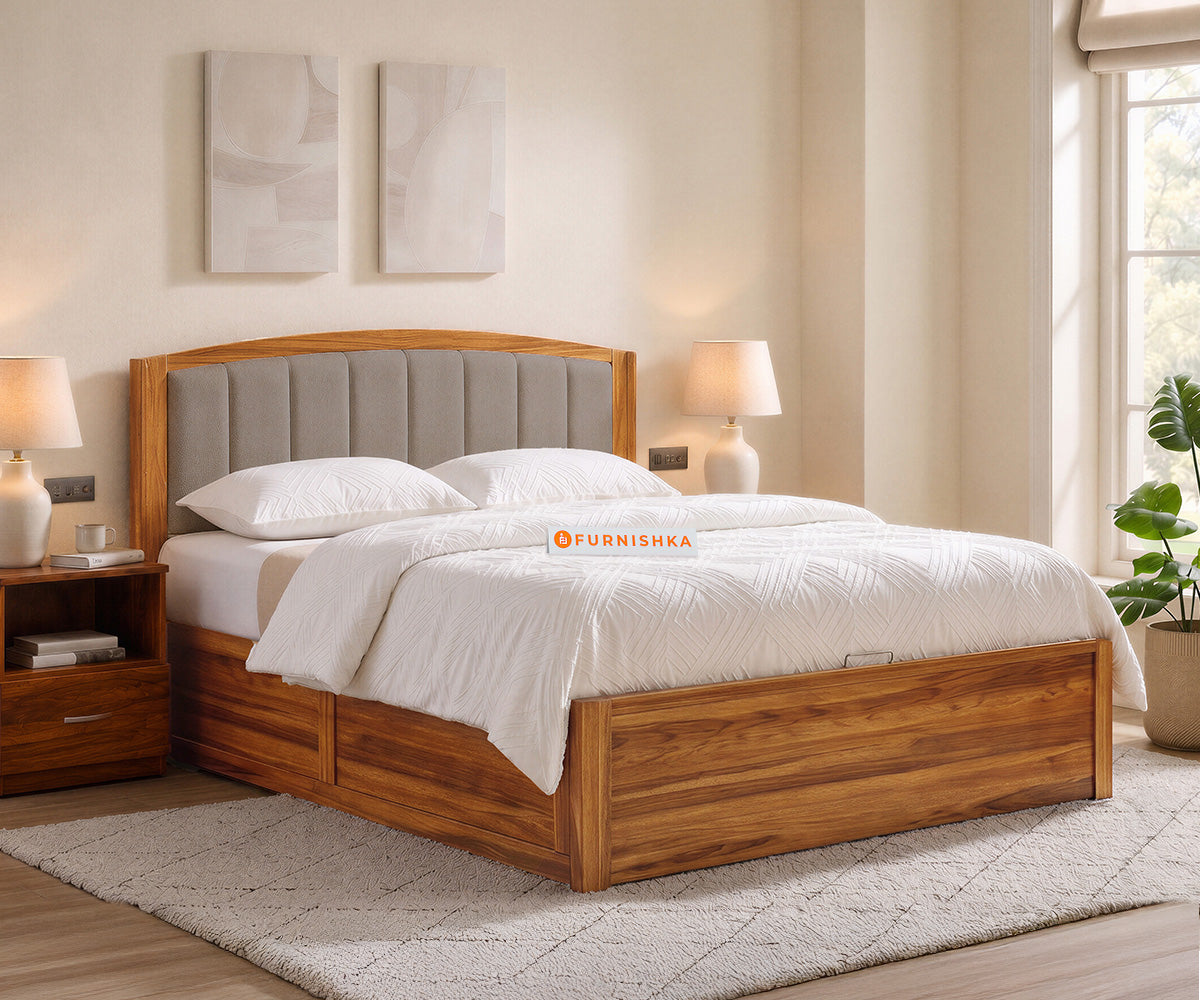 Alessia Teak Wood Bed with Hydraulic Storage Queen Size in Taupe Beige - Furnishka