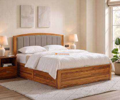 Alessia Teak Wood Bed with Hydraulic Storage Queen Size in Taupe Beige - Furnishka