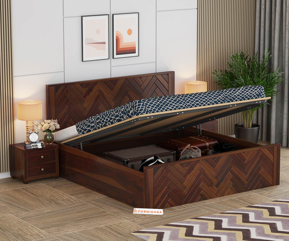 Myra Sheesham Wood Bed Hydraulic Storage - King Size - Furnishka 