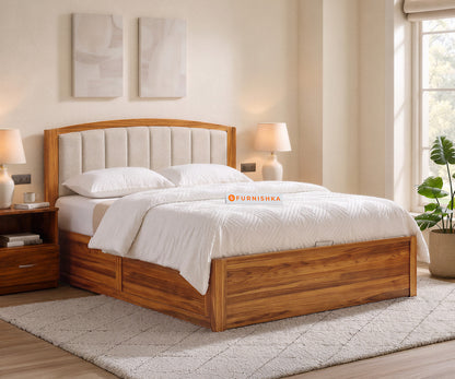Alessia Teak Wood Bed with Hydraulic Storage Queen Size in Bone White - Furnishka