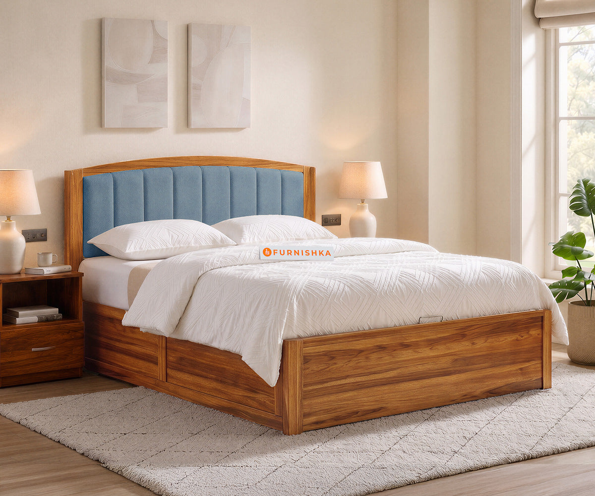 Alessia Teak Wood Bed with Hydraulic Storage Queen Size in Dusty Blue - Furnishka