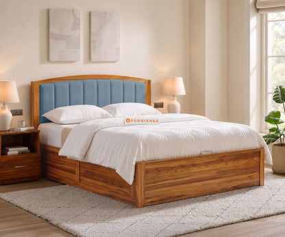 Alessia Teak Wood Bed with Hydraulic Storage Queen Size in Dusty Blue - Furnishka