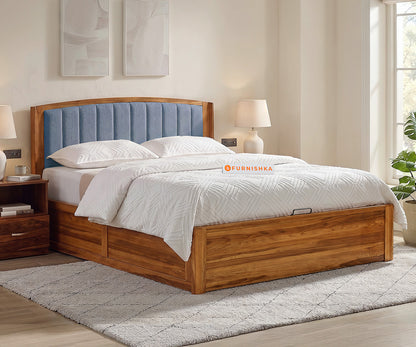 Alessia Teak Wood Bed with Hydraulic Storage King Size in Dusty Blue