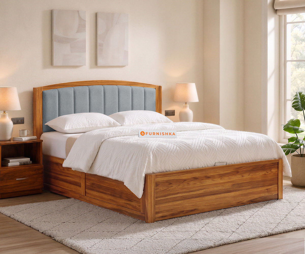 Alessia Teak Wood Bed with Hydraulic Storage Queen Size in Silver Grey - Furnishka