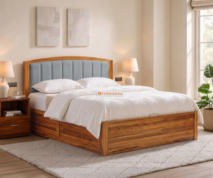 Alessia Teak Wood Bed with Hydraulic Storage Queen Size in Silver Grey - Furnishka