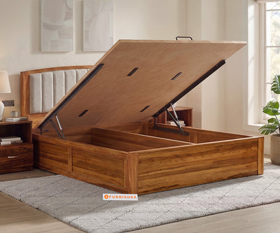 Alessia Teak Wood Bed with Hydraulic Storage King Size in Bone White