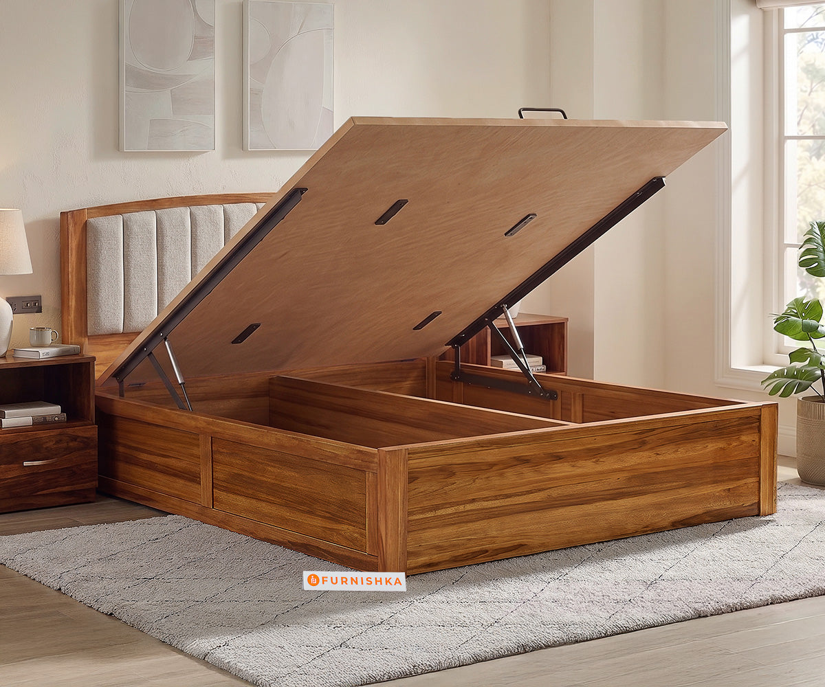 Alessia Teak Wood Bed with Hydraulic Storage Queen Size in Bone White