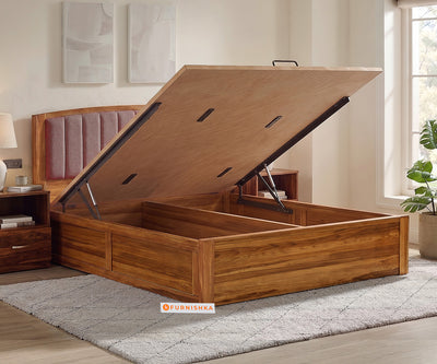 Alessia Teak Wood Bed with Hydraulic Storage King Size in Clay Rose Pink