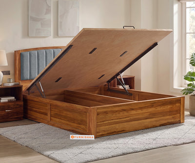 Alessia Teak Wood Bed with Hydraulic Storage King Size in Silver Grey