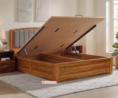 Alessia Teak Wood Bed with Hydraulic Storage King Size in Taupe Beige