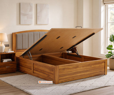 Alessia Teak Wood Bed with Hydraulic Storage Queen Size in Taupe Beige