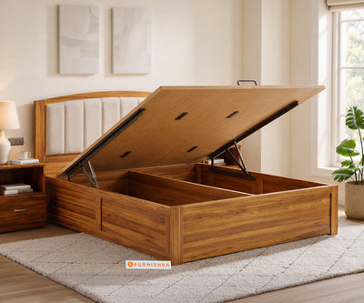 Alessia Teak Wood Bed with Hydraulic Storage Queen Size in Bone White