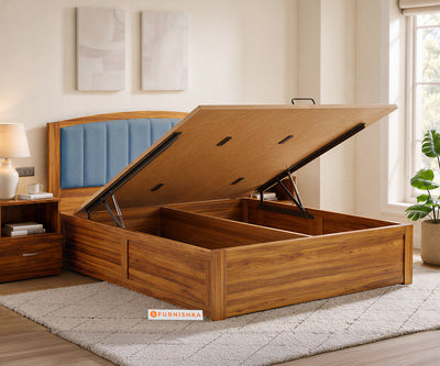 Alessia Teak Wood Bed with Hydraulic Storage Queen Size in Dusty Blue