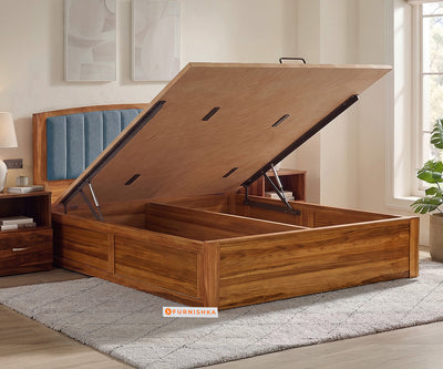 Alessia Teak Wood Bed with Hydraulic Storage Queen Size in Dusty Blue