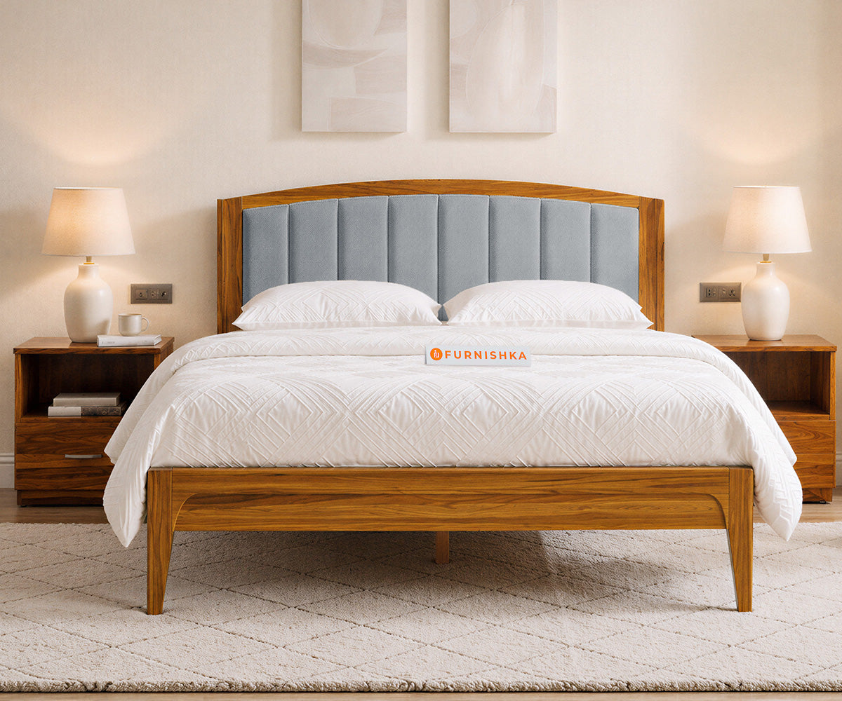 Alessia Teak Wood Bed with Non Storage Queen Size in Silver Grey - Furnishka