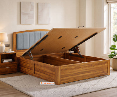 Alessia Teak Wood Bed with Hydraulic Storage Queen Size in Silver Grey