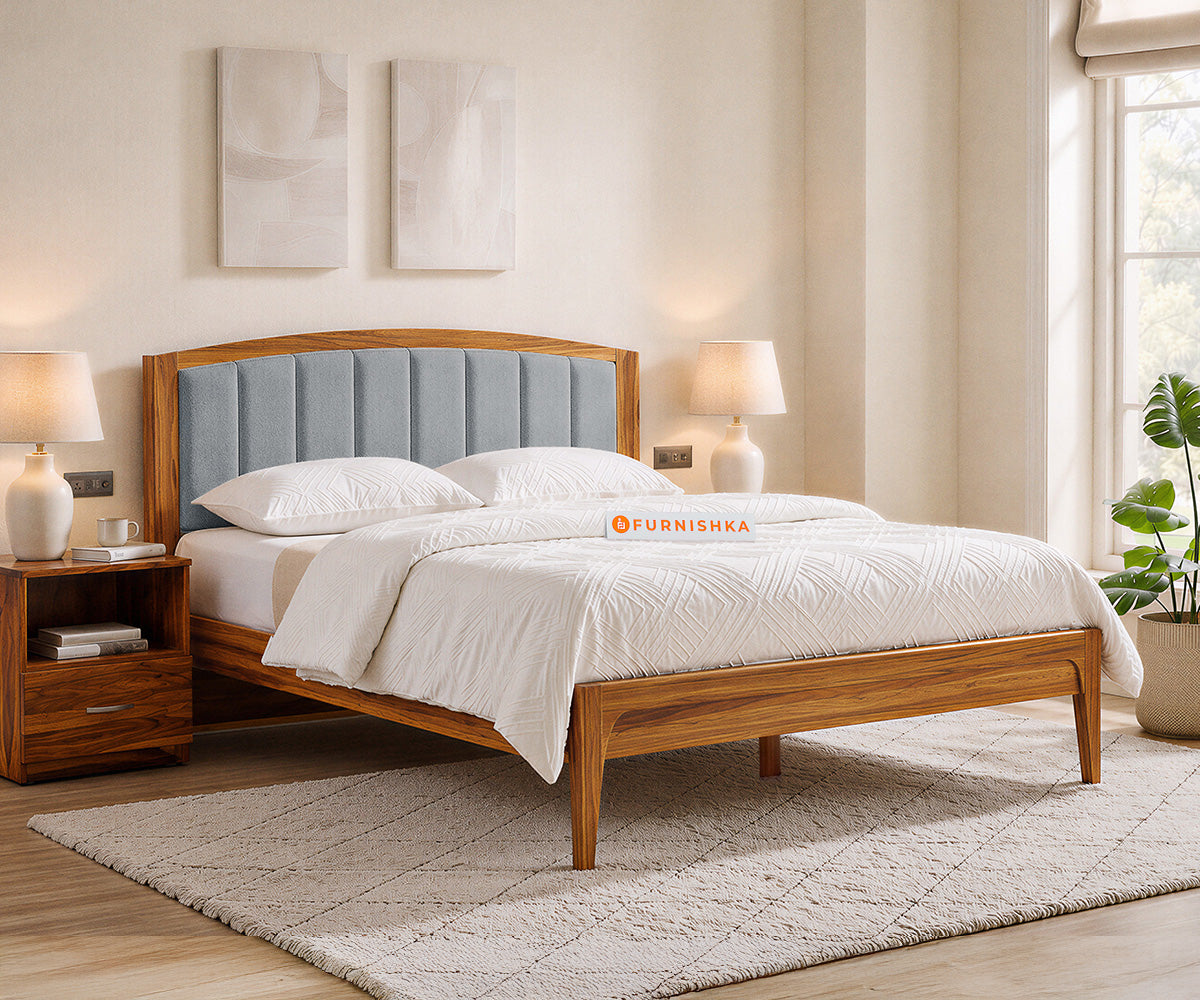Alessia Teak Wood Bed with Non Storage Queen Size in Silver Grey - Furnishka