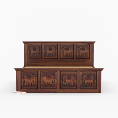 Hathi Sheesham Wood Bed Hydraulic Storage - Queen Size - Furnishka 