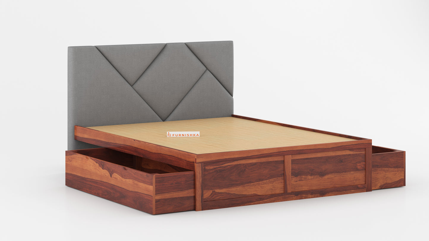 Agatha Sheesham Wood bed with Upholstered headboard Drawer Storge King Size