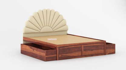 Satin Sheesham Wood bed with Upholstered headboard Drawer Storge Queen Size