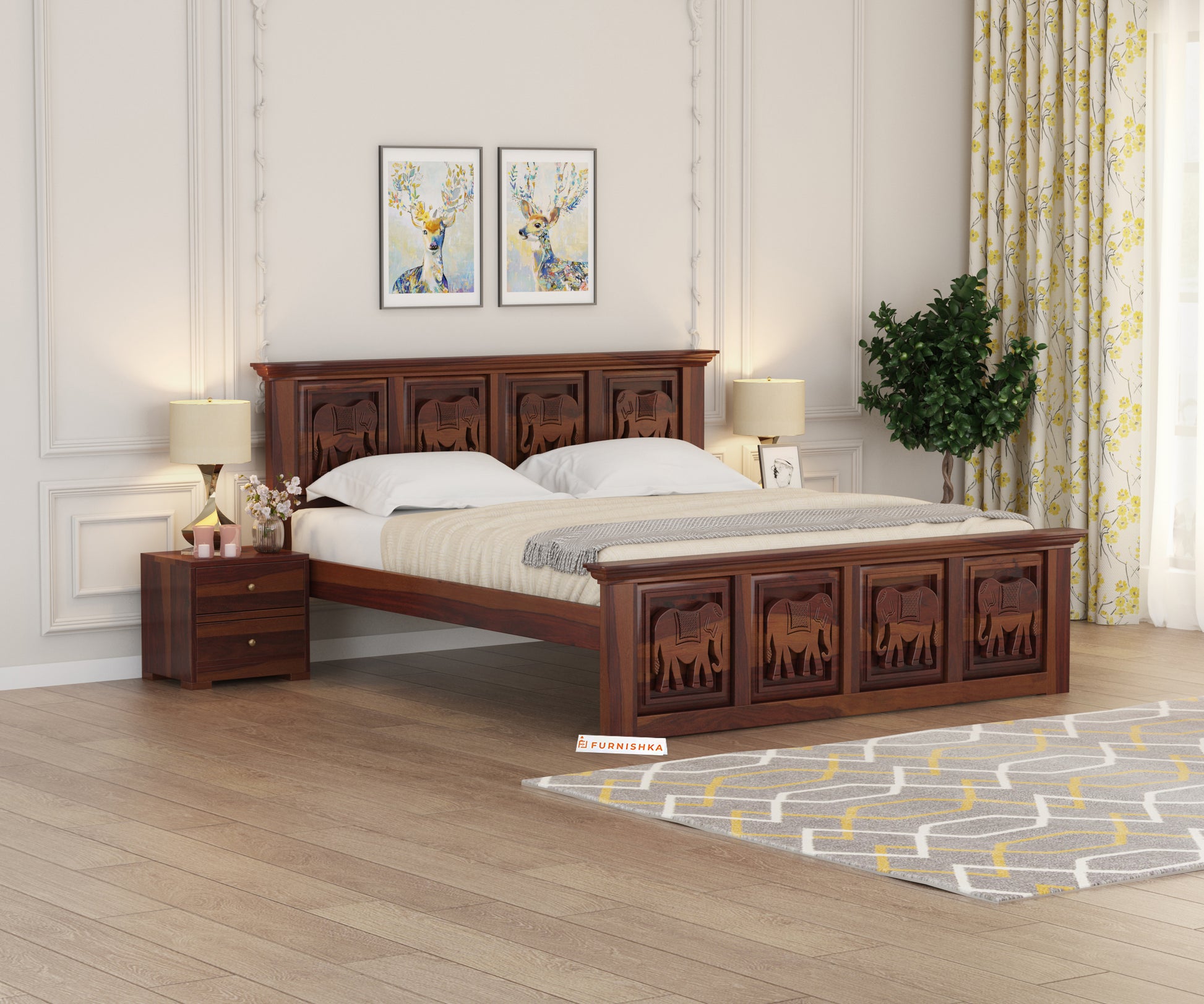 Hathi Sheesham Wood Bed Non Storage - Queen Size - Furnishka 