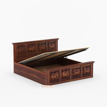 Hathi Sheesham Wood Bed Hydraulic Storage - Queen Size - Furnishka 