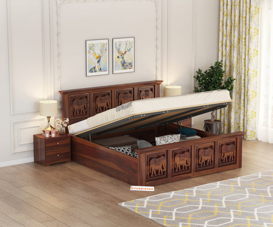 Hathi Sheesham Wood Bed Hydraulic Storage - Queen Size - Furnishka 