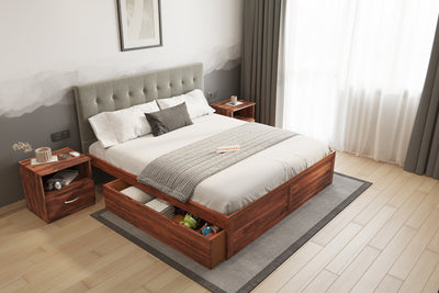 Irene Sheesham Wood bed with Upholstered headboard Drawer Storge Queen Size
