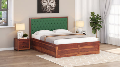 Harshlyn Sheesham Wood bed with Upholstered headboard Box Storage Queen Size