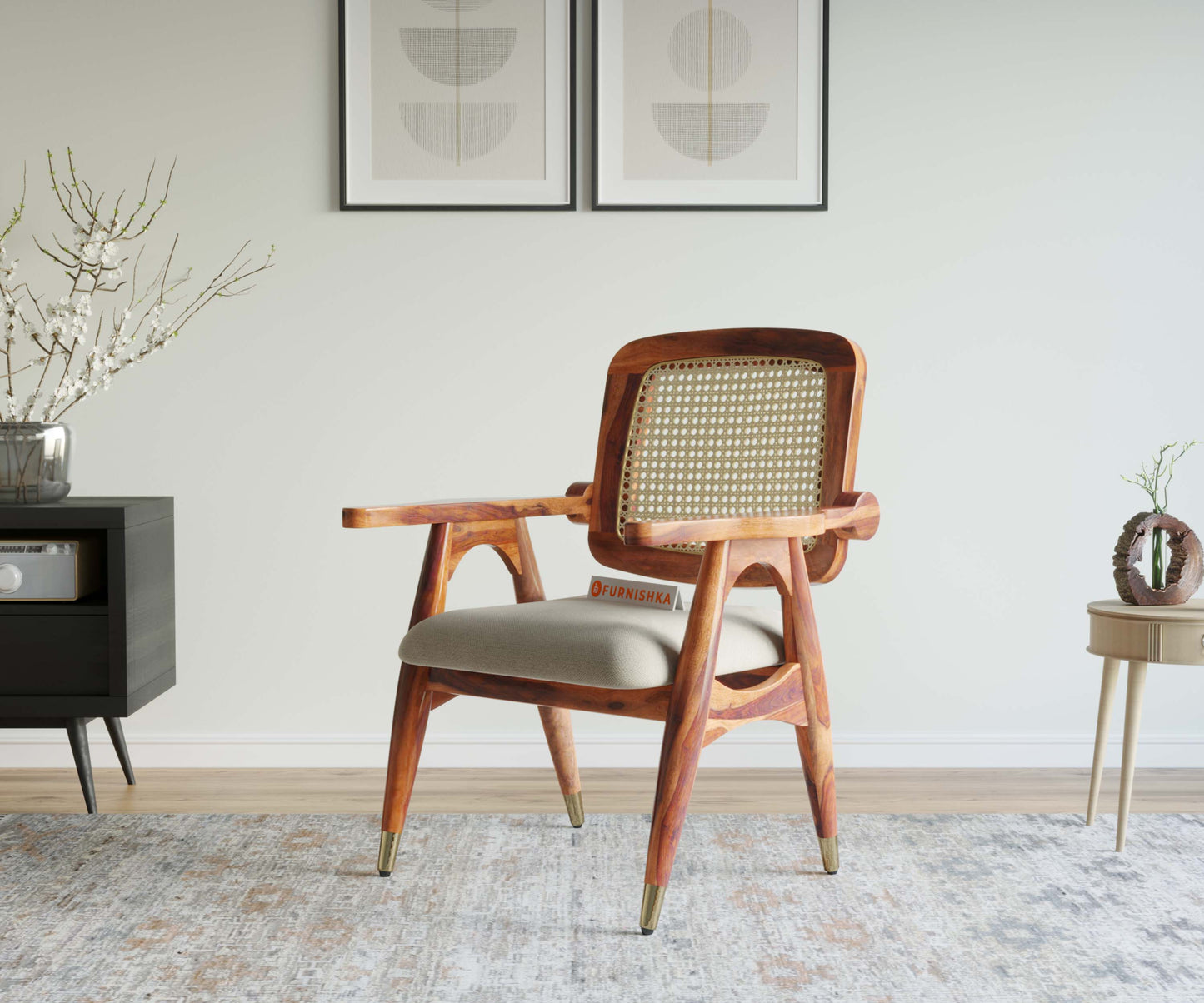 Cane Harmony Riva Sheesham Wood Arm Chair with Cane in Teak Finish - Furnishka 