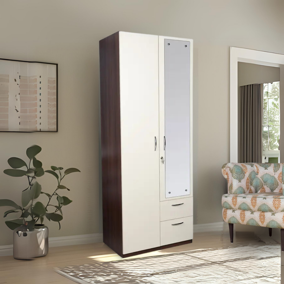 Yashto 2 Door Wardrobe - Cream & Walnut Finish - Furnishka 