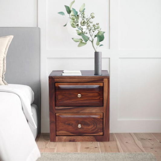 Ansho Sheesham Bedside Table with Double Drawer - Furnishka 