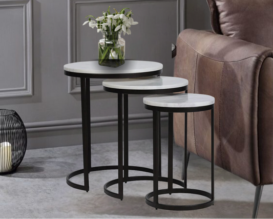 EthnoGlow Sagra Nesting Marble Side Table Set of 3 in Black Finish - Furnishka 