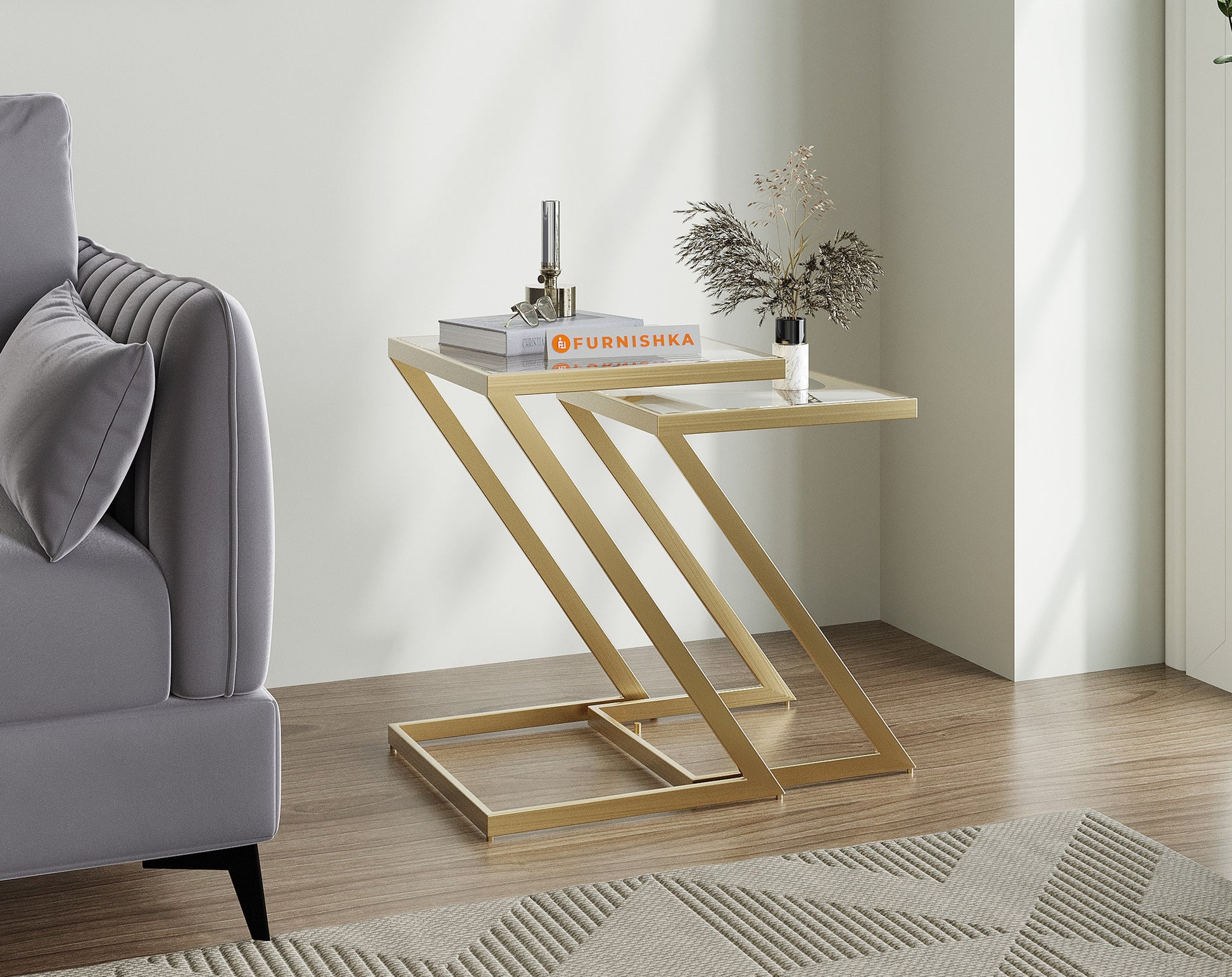 Nowra Glass Nesting Table In Gold Finish (Set Of 2) - Furnishka 