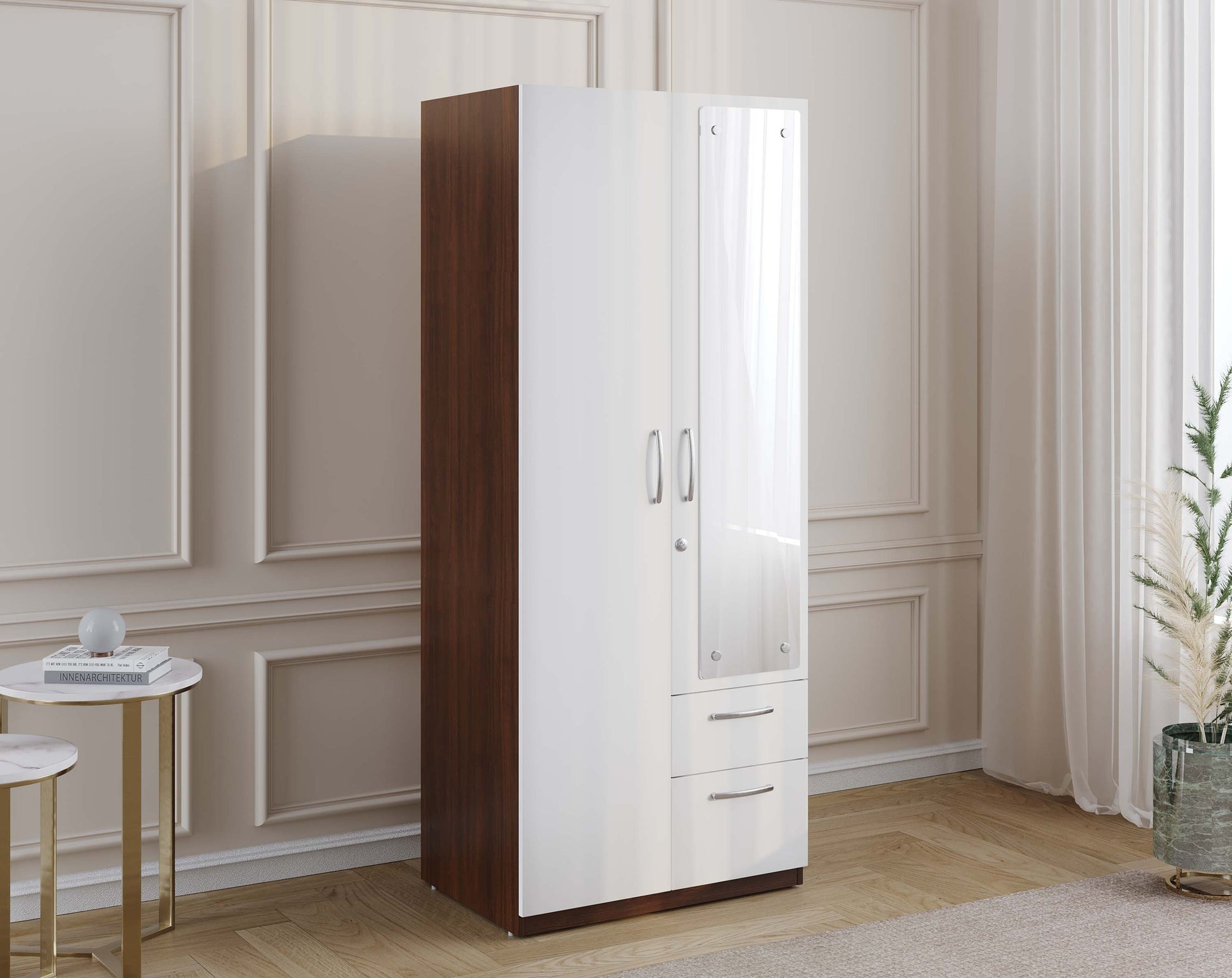 Markon 2 Door Wardrobe with Mirror - White & Walnut Finish - Furnishka 