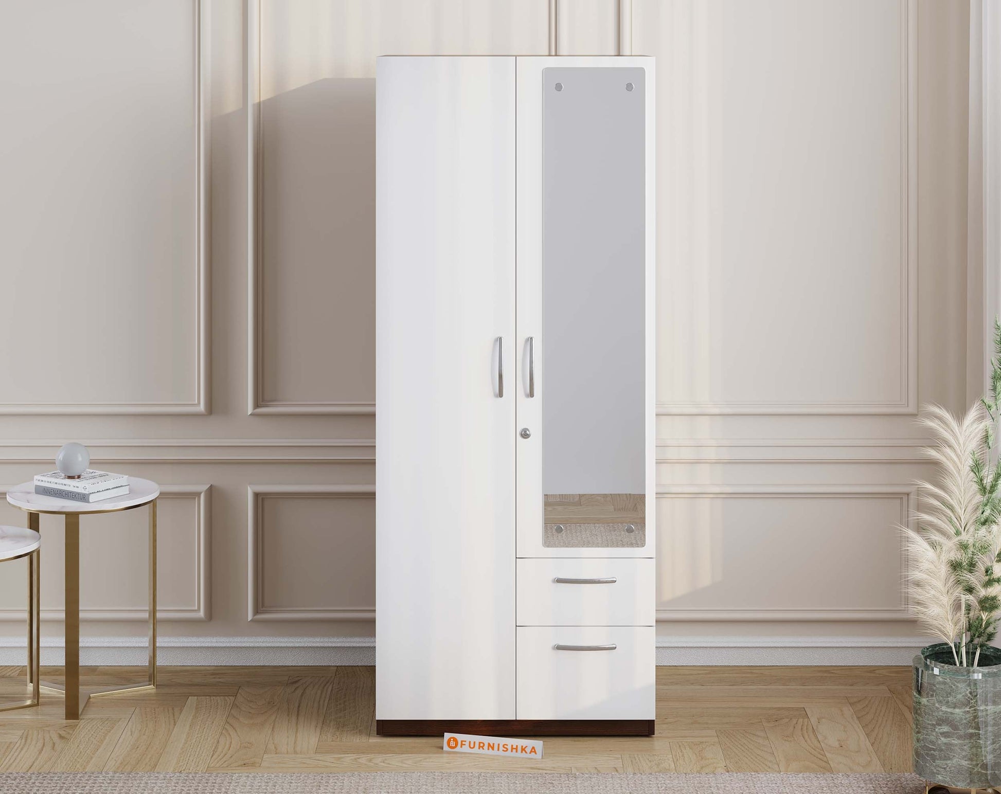 Markon 2 Door Wardrobe with Mirror - White & Walnut Finish - Furnishka 