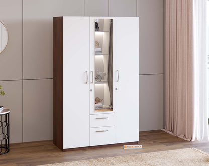 Markon 3 Door Wardrobe with Mirror - White & Walnut Finish - Furnishka 