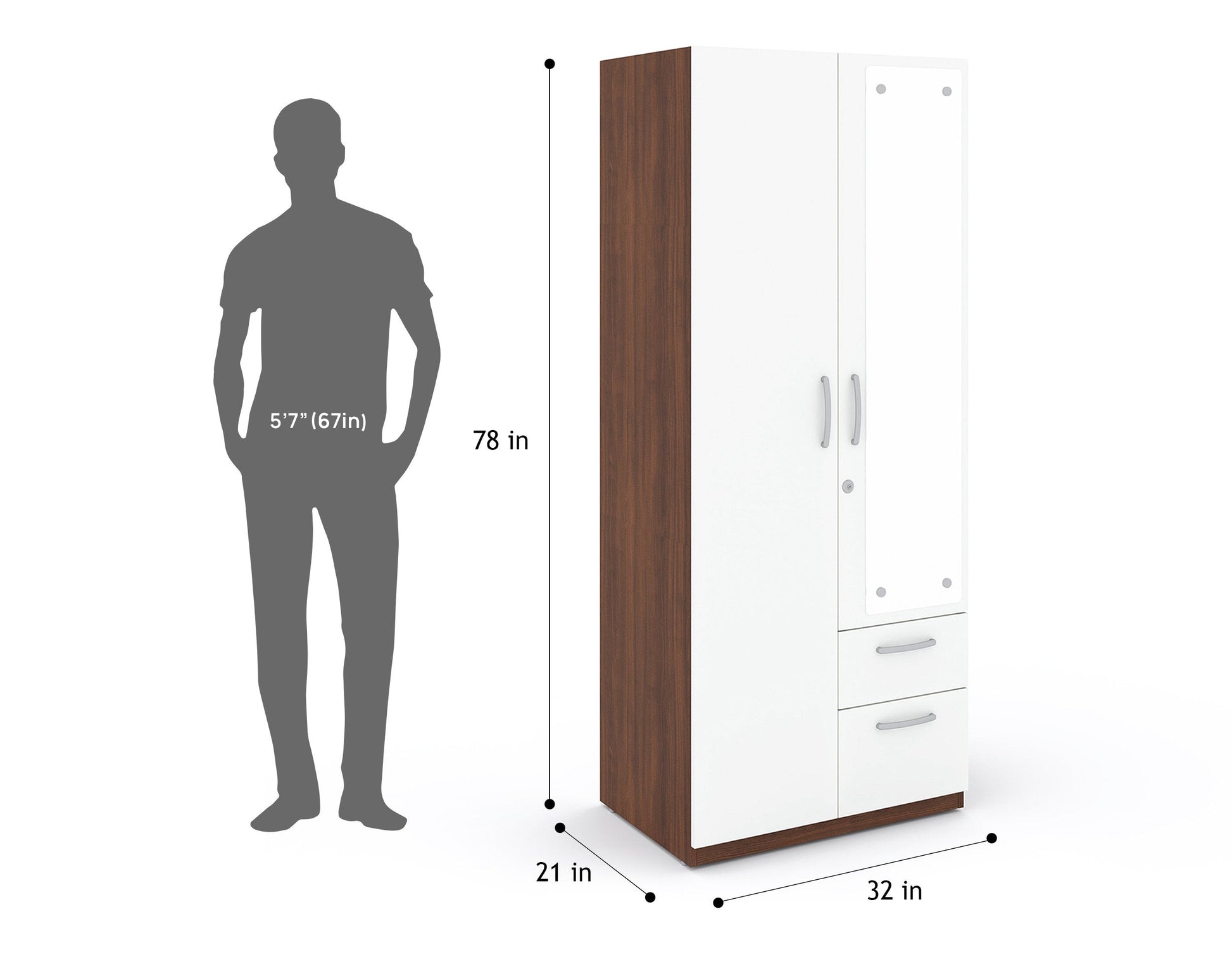 Markon 2 Door Wardrobe with Mirror - White & Walnut Finish - Furnishka 