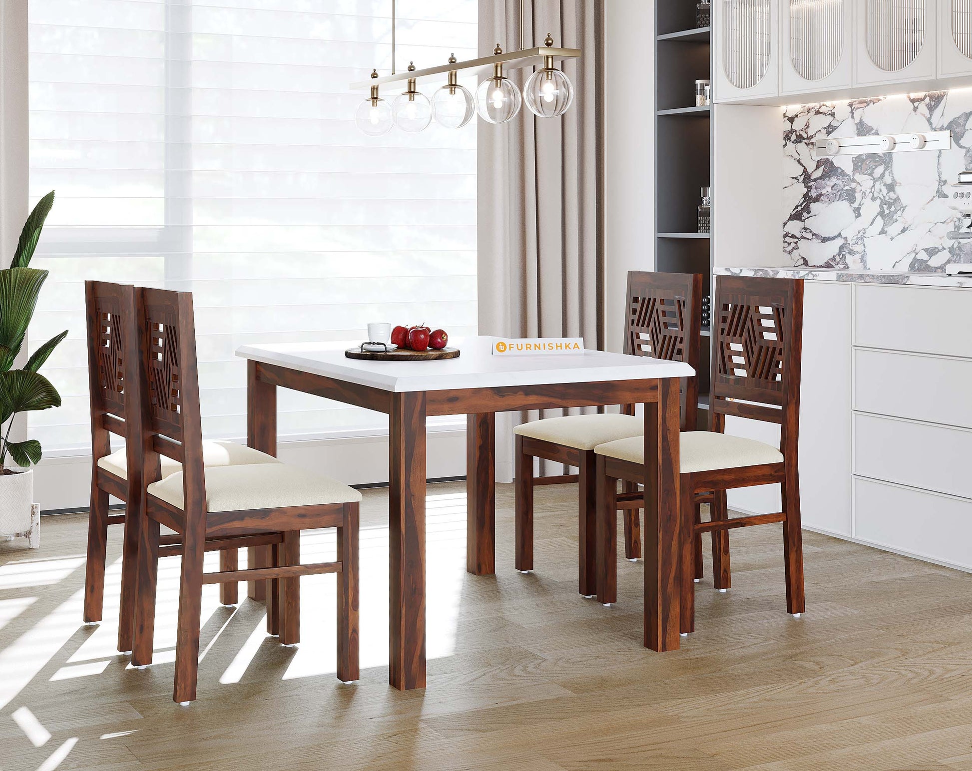 Zhera 4 Seater Indian Marble Top Dining Set with Sheesham wood legs with Adiva Sheesham Dining Chair - Furnishka 