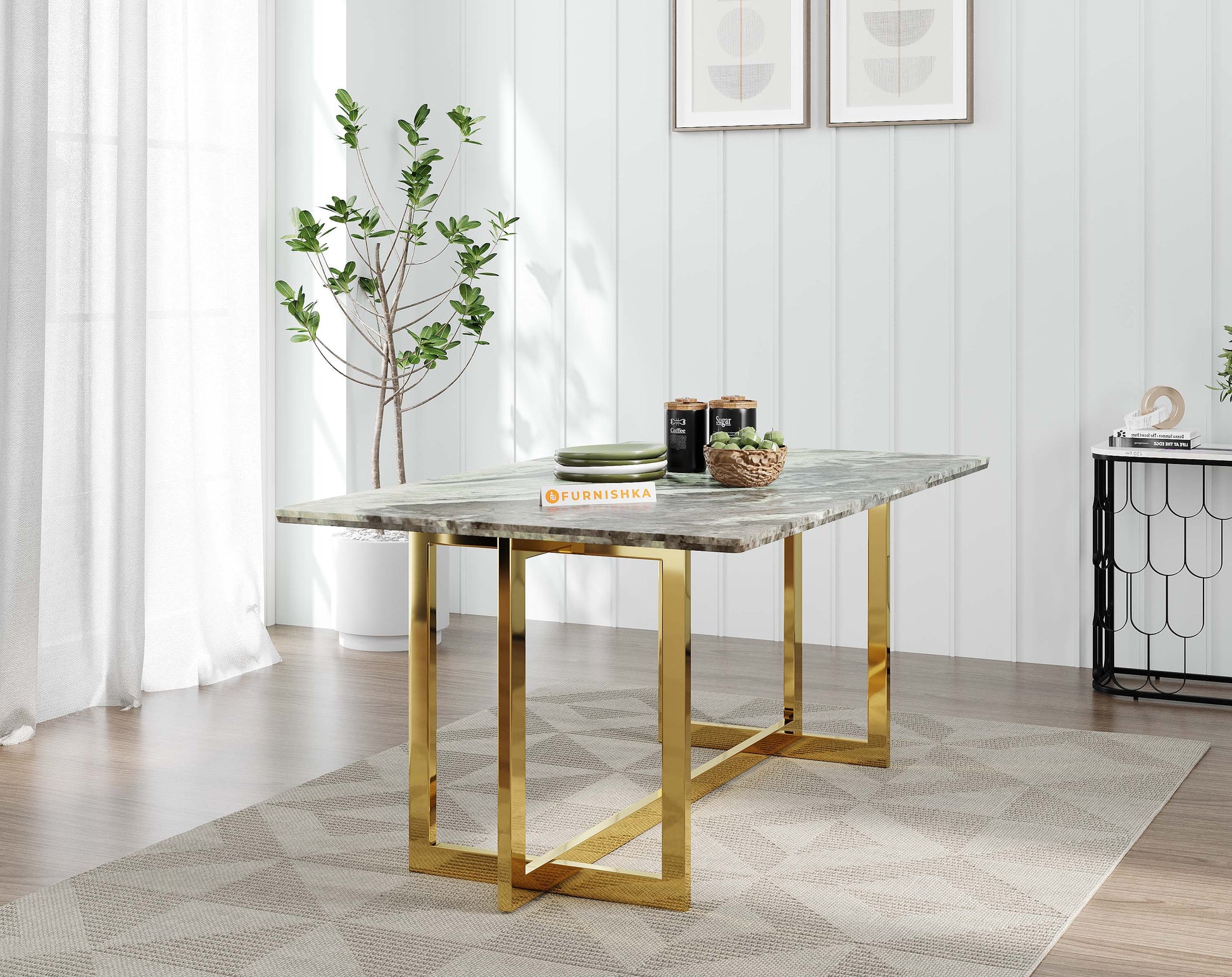 Rodano Dining Table with Green Choco Marble Top - 4 Seater - Furnishka 