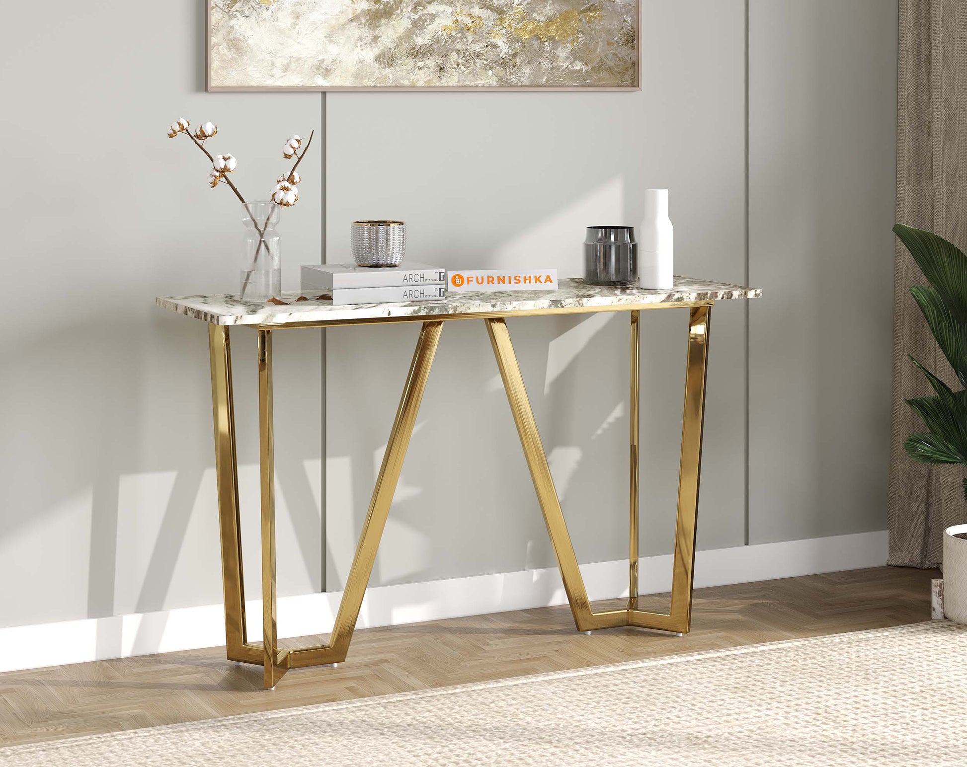 Olzaa Console Table with Green Choco Marble Top - Furnishka 