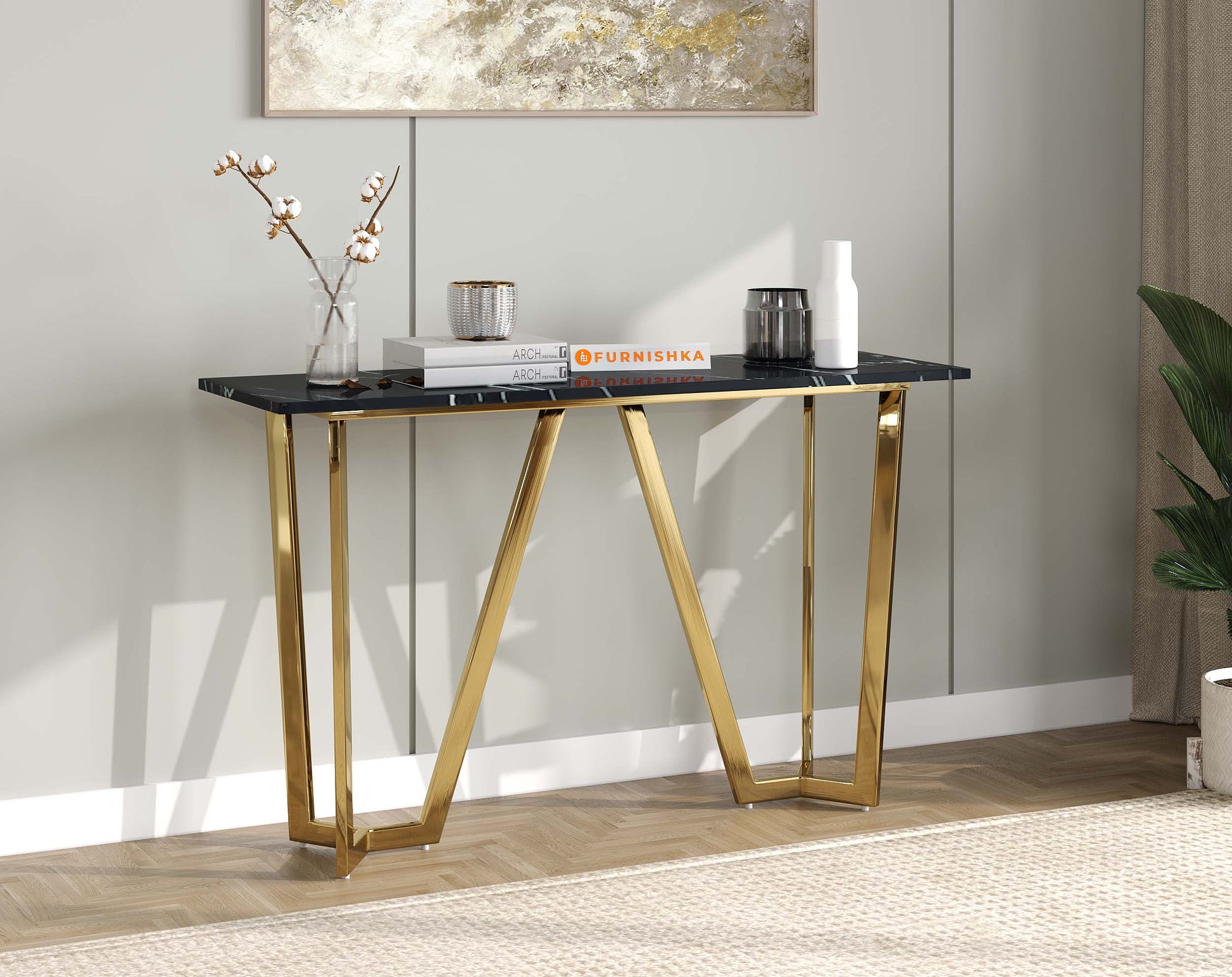Olzaa Console Table with Black Engineered Marble Top - Furnishka 