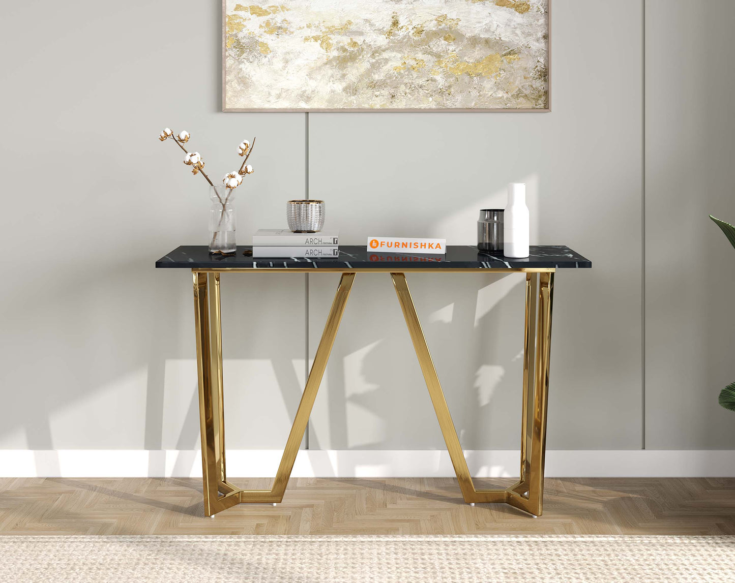 Olzaa Console Table with Black Engineered Marble Top - Furnishka 