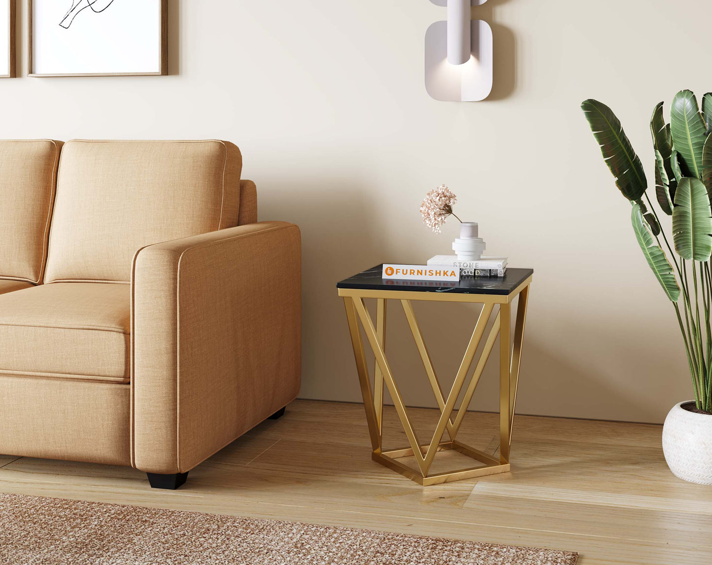 Solaia Side Table with Black Engineered Marble Top - Furnishka 